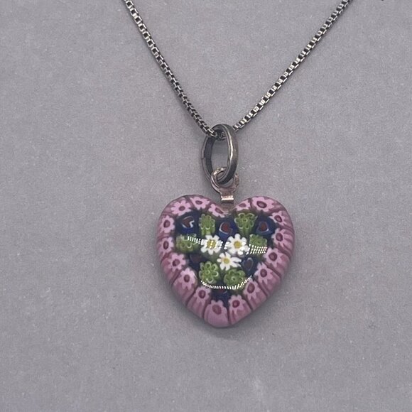 N/A Jewelry - Italaian 925 Sterling Silver Millefiori Floral Heart Pendant Chain Necklace